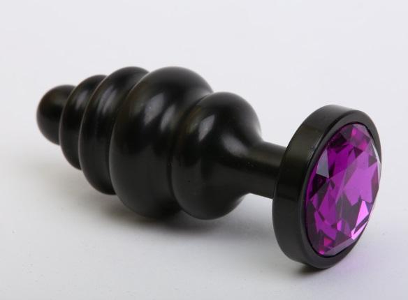 Анальная пробка фигурная 3,5 х 8,2 см металл черная фиолетовый страз 47474-5MM