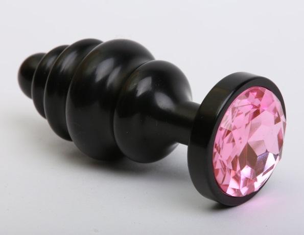 Анальная пробка фигурная 3,5 х 8,2 см металл черная розовый страз 47474-MM